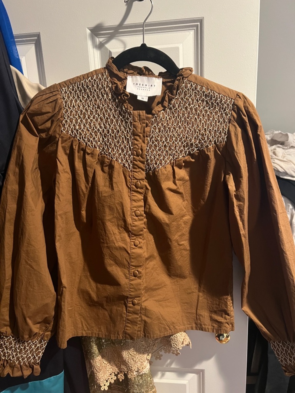 The Shirt by Rochelle Behrens Brown Smocked Yoke Button-Front Blouse